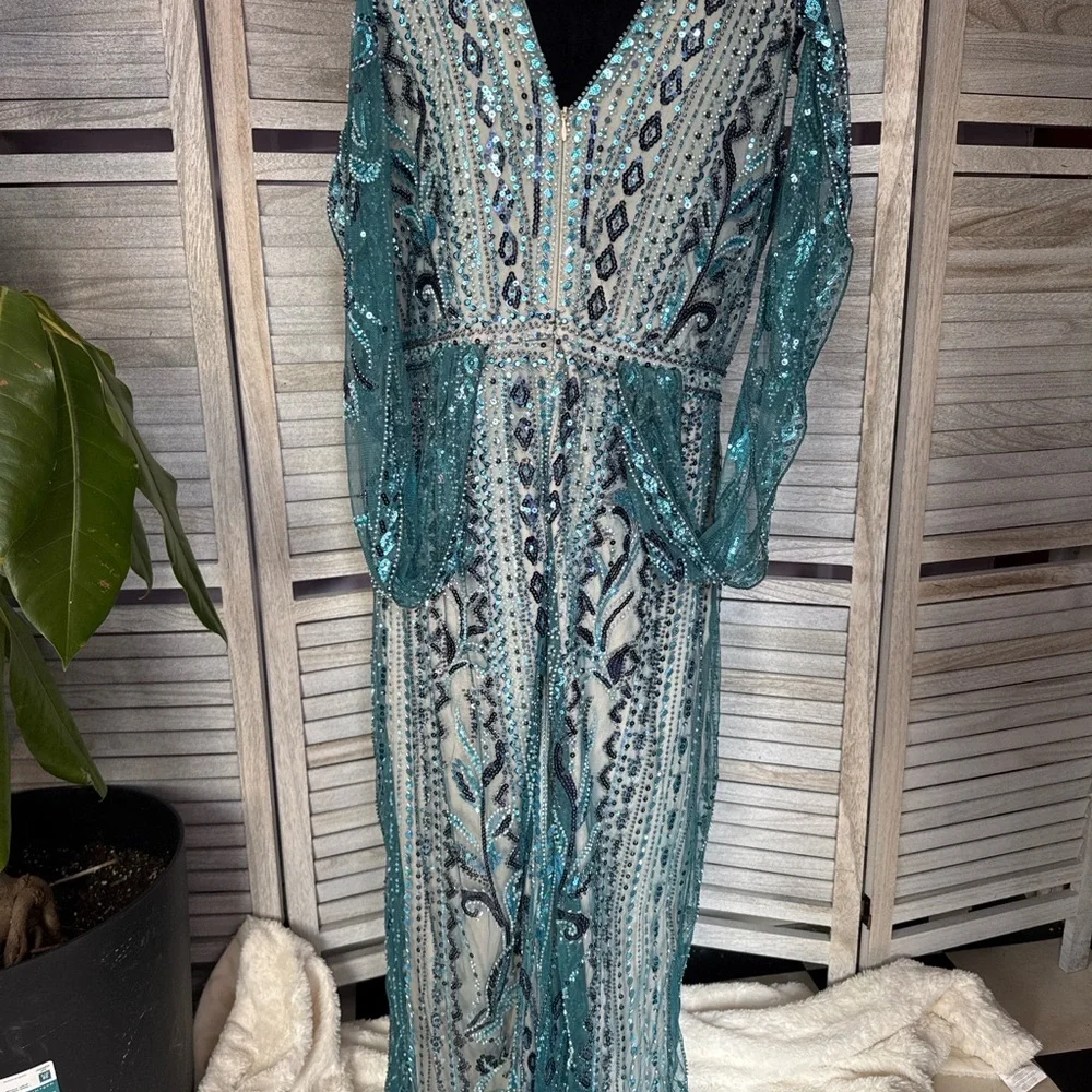 Babeyond 1920s Gatsby Beaded Dress Size 16 Teal Art Deco Formal Gown - Picture 3 of 12